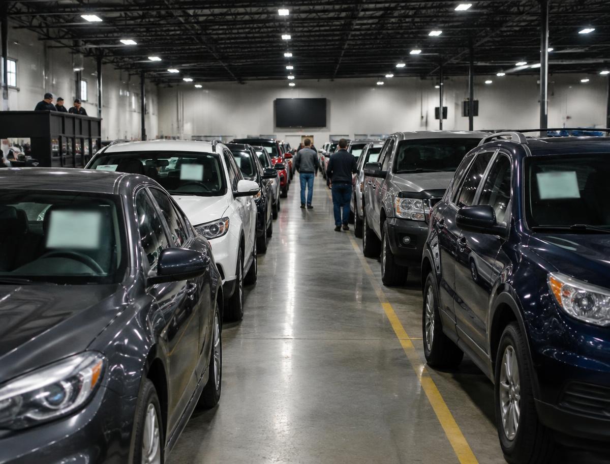 Rows of used vehicles in an indoor dealer auction lane
